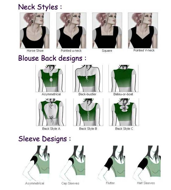 neck designs for saree blouses. colour and louse shape.